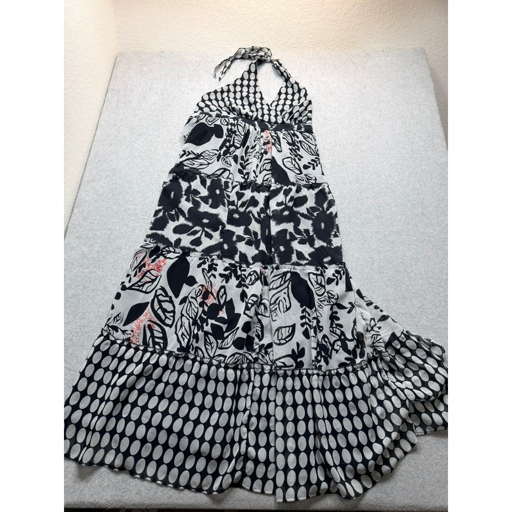 Womens Black White Floral Polka Dot Tiered Halter Maxi Dress Smocked Back Boho